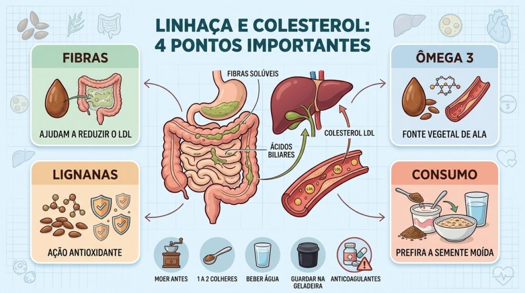 Fibras, ALA, lignanas e preparo correto explicam os benefícios cardiovasculares da linhaça.