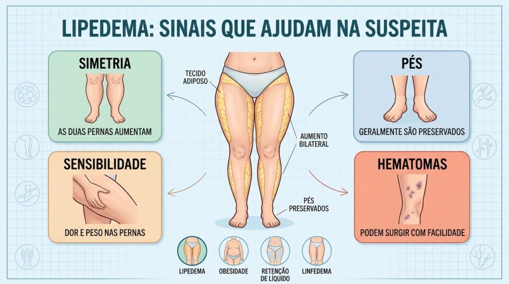 Simetria, pés preservados, sensibilidade e hematomas ajudam a reconhecer sinais de lipedema.