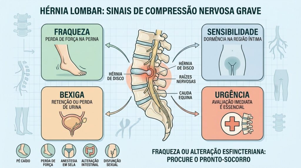 Fraqueza, dormência em sela e alterações esfincterianas são sinais de alerta neurológico.