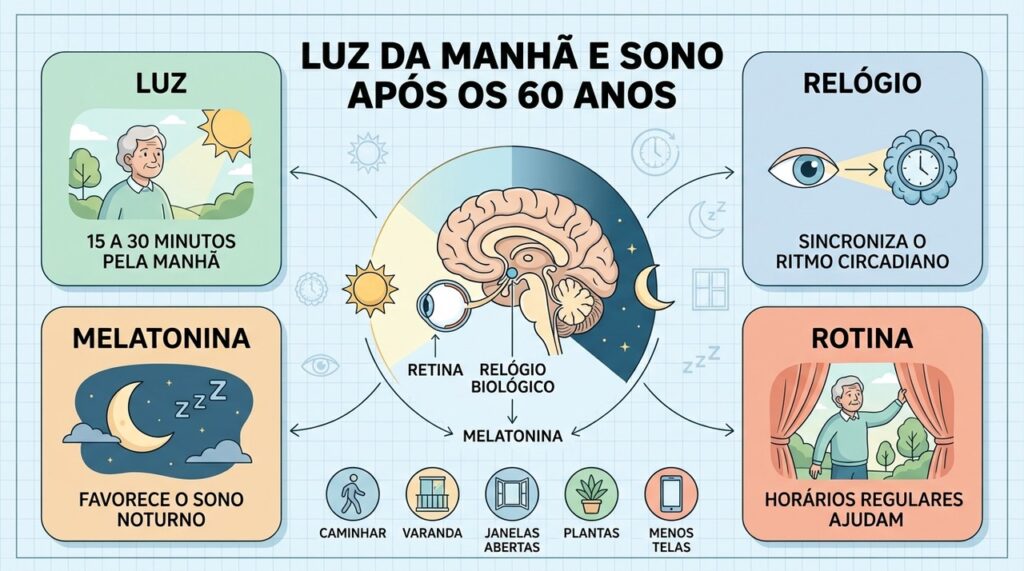 Luz matinal, rotina regular e menos telas à noite favorecem um ritmo circadiano mais organizado.