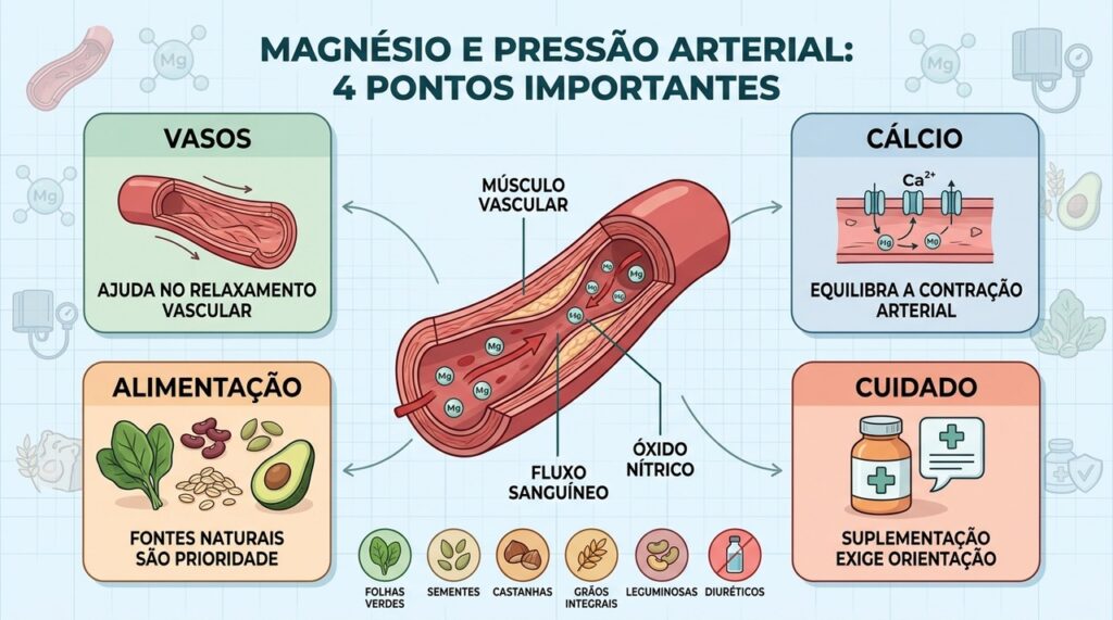Vasos, cálcio, alimentação e acompanhamento ajudam a entender o papel do magnésio.