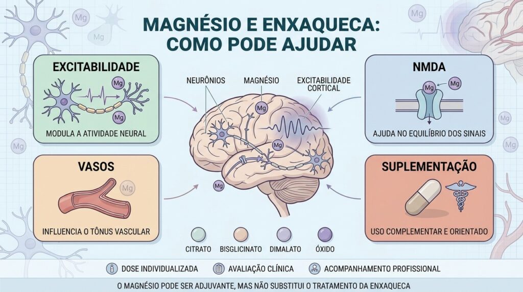 Excitabilidade neural, receptores NMDA, vasos e suplementação explicam o papel do magnésio.