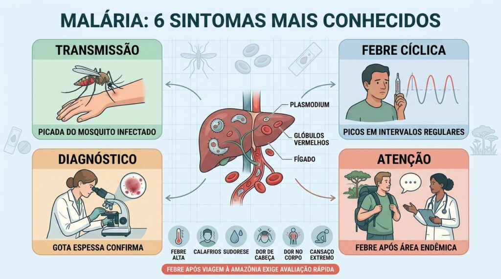 Febre, calafrios, sudorese e outros sinais orientam a suspeita de malária.
