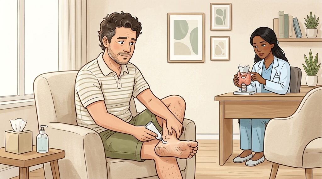Pele espessa e fissuras persistentes merecem investigação quando surgem com sintomas de hipotireoidismo.