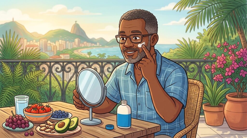 Protetor solar e uma alimentação rica em antioxidantes atuam juntos na proteção e saúde da pele.