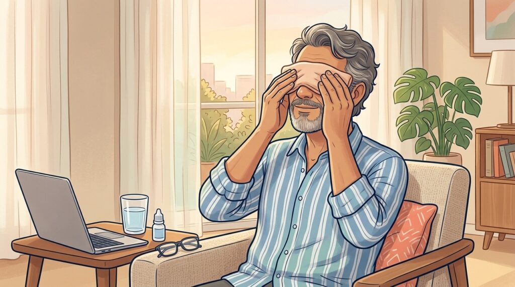 Compressas mornas e pausas das telas ajudam a aliviar o desconforto dos olhos ressecados.