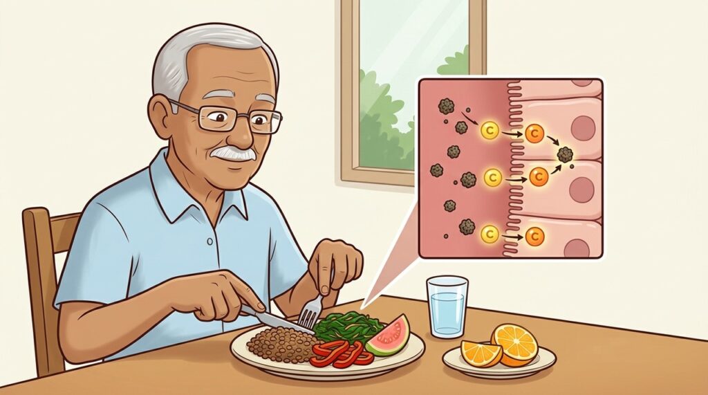 Vitamina C ajuda o organismo a aproveitar melhor o ferro presente nos alimentos vegetais.