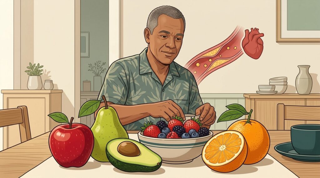 Frutas inteiras oferecem fibras e antioxidantes importantes para a saúde cardiovascular.