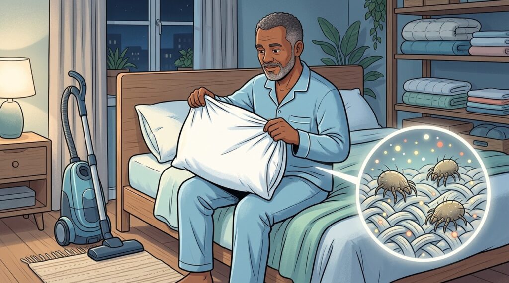 Higienizar roupas de cama e controlar a exposição aos ácaros pode reduzir a coceira noturna.