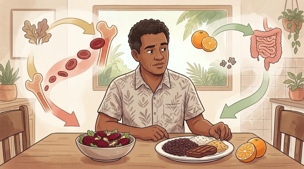 Folato e vitamina C explicam melhor o papel da beterraba na anemia.