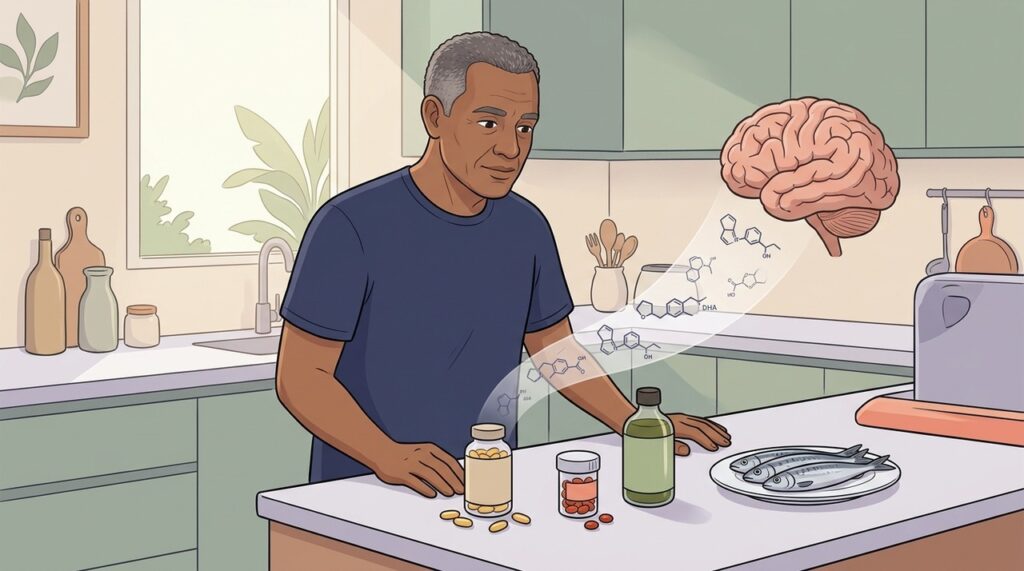 Peixe, krill e algas oferecem DHA em formas diferentes para a saúde cerebral.