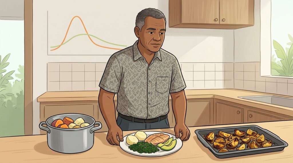 Batata cozida e acompanhada de proteínas e fibras tende a gerar resposta glicêmica mais estável.