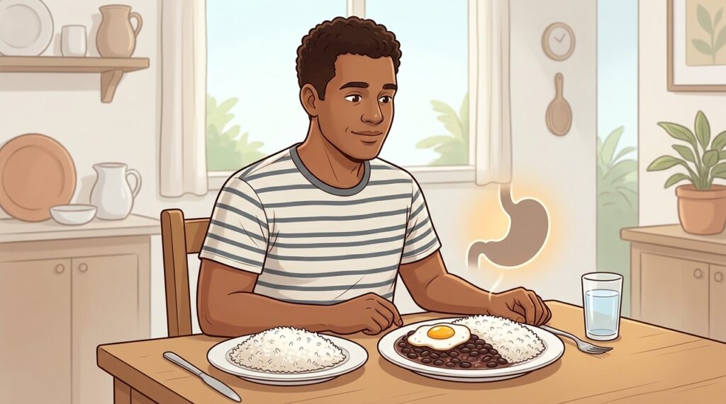 Arroz com ovo e feijão ou arroz sozinho qual refeição sustenta a saciedade por mais tempo?
