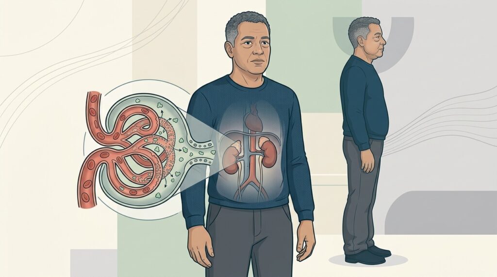 Perda de proteínas pela urina pode acompanhar edema e alterações da função renal.