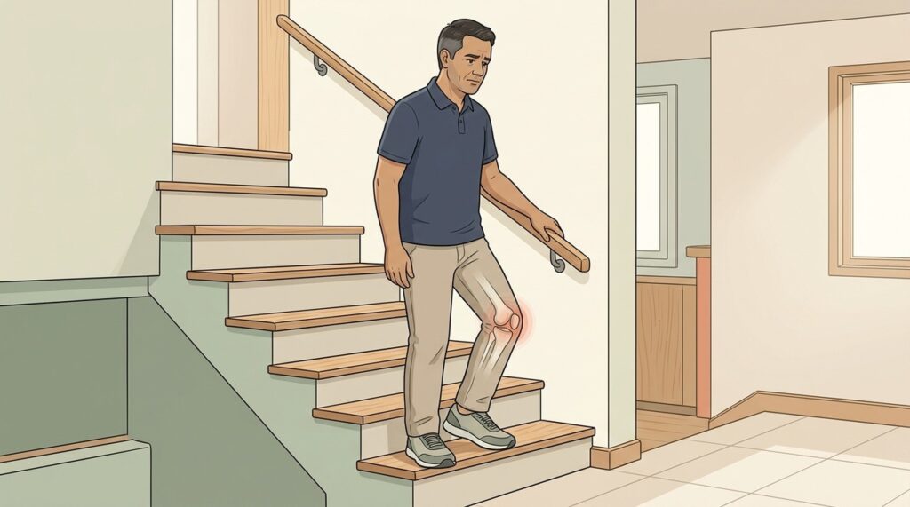 Fraqueza muscular e desgaste da cartilagem favorecem dor durante o uso de escadas.