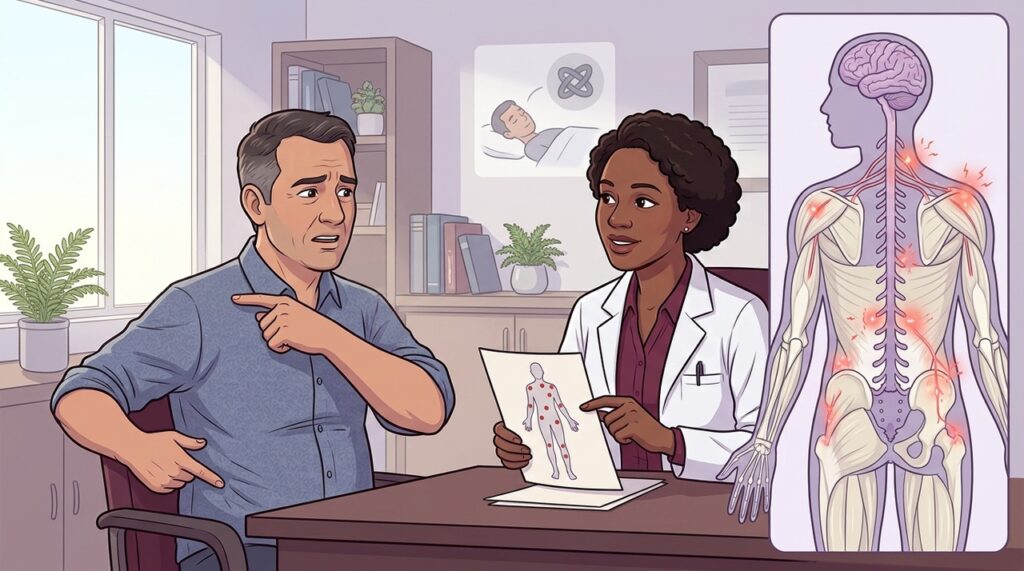 Fibromialgia envolve dor persistente e processamento alterado da dor, não apenas estresse.