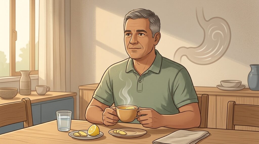 O gengibre pode aliviar náusea leve, enquanto o limão acrescenta sabor e hidratação.