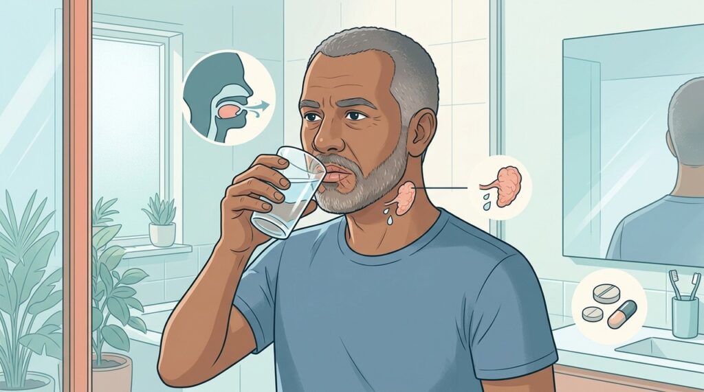 Redução da saliva durante a noite favorece ressecamento, halitose e desconforto bucal.