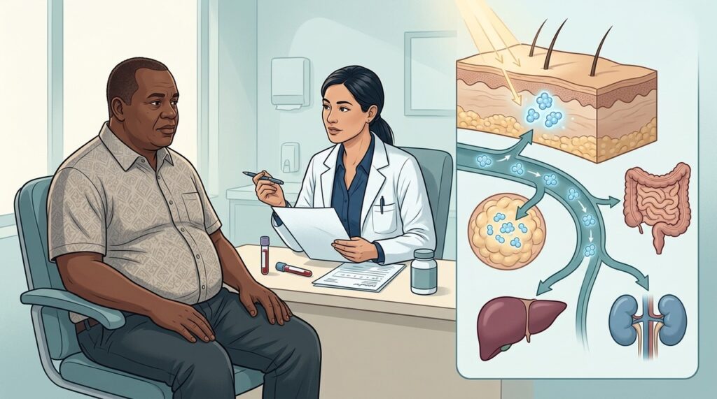 Obesidade, idade e doenças podem manter vitamina D baixa mesmo com exposição solar.