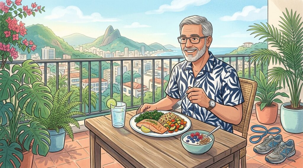 Proteína, vitaminas e ômega-3 apoiam força, disposição e saúde durante o envelhecimento.