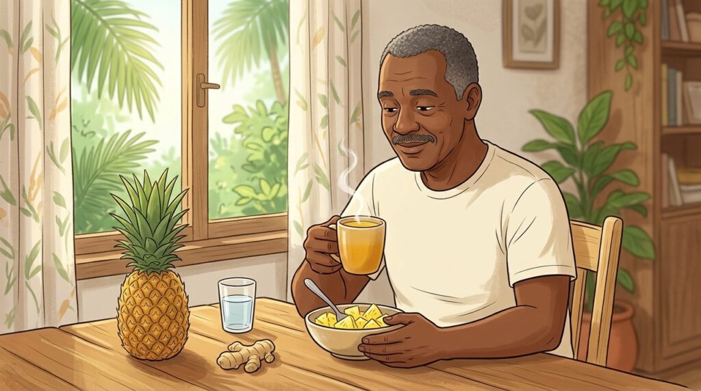 A bromelina do abacaxi é estudada por sua possível ação sobre o muco respiratório.