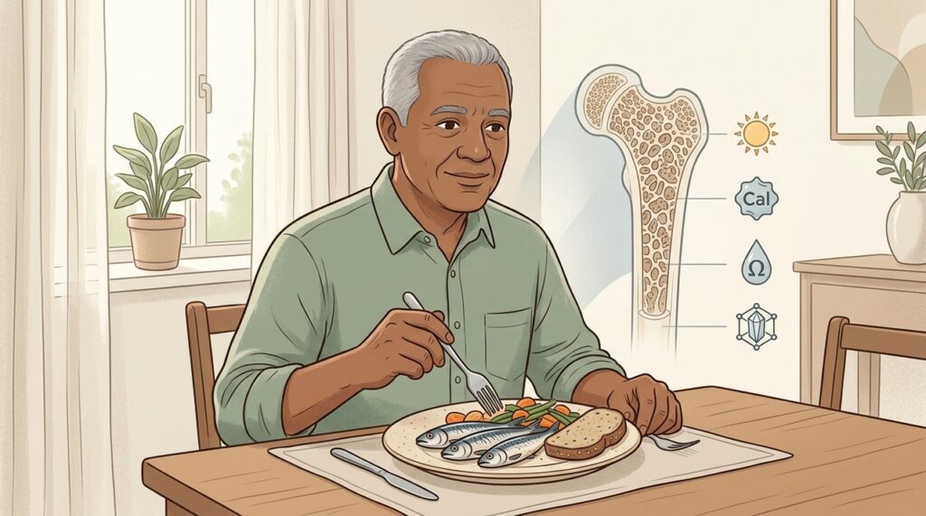 Consumida com as espinhas, a sardinha oferece uma combinação valiosa para a saúde óssea.