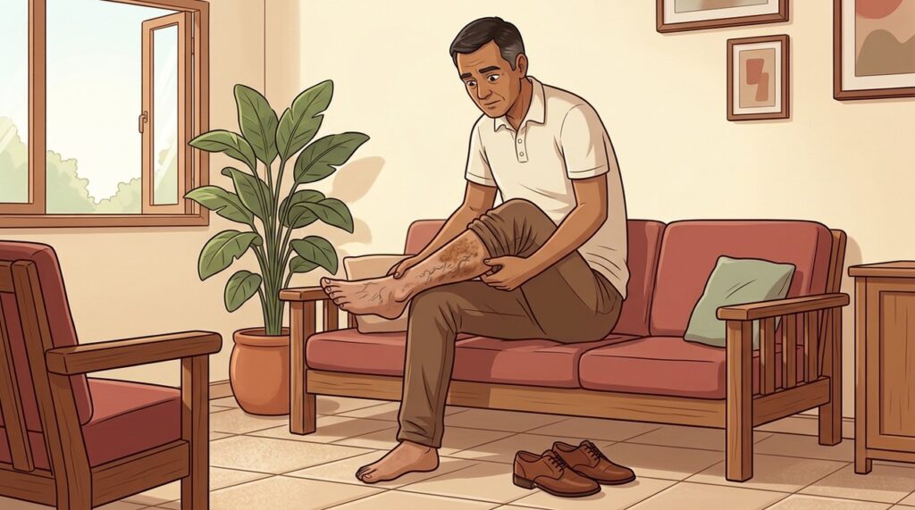 Manchas amarronzadas, ressecamento e inchaço podem acompanhar a dermatite de estase.
