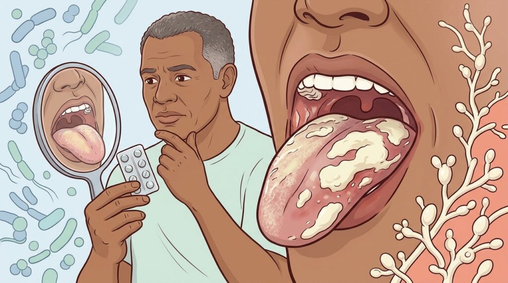 Antibióticos podem alterar a flora bucal e favorecer o crescimento excessivo de Candida.