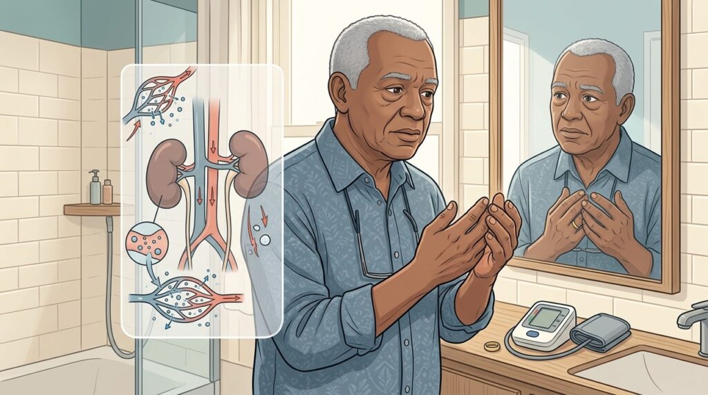 Inchaço recorrente nas mãos pode refletir dificuldade dos rins em equilibrar sódio e água.