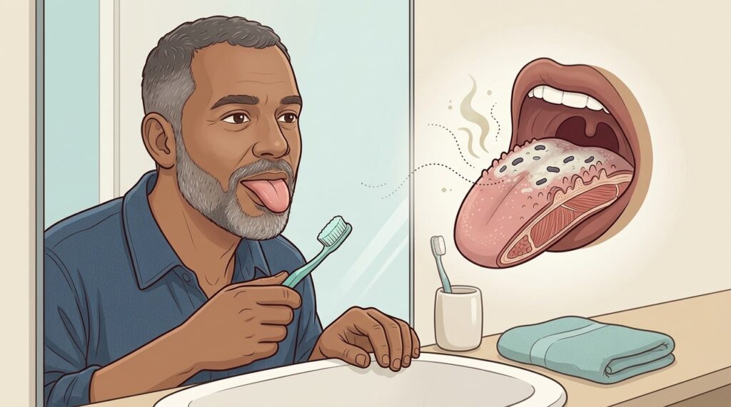 A saburra lingual concentra microrganismos ligados ao hálito matinal e alterações do paladar.