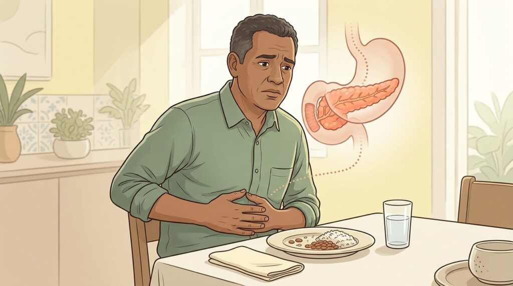 Sintomas digestivos persistentes podem acompanhar alterações pancreáticas, mas têm outras causas possíveis.