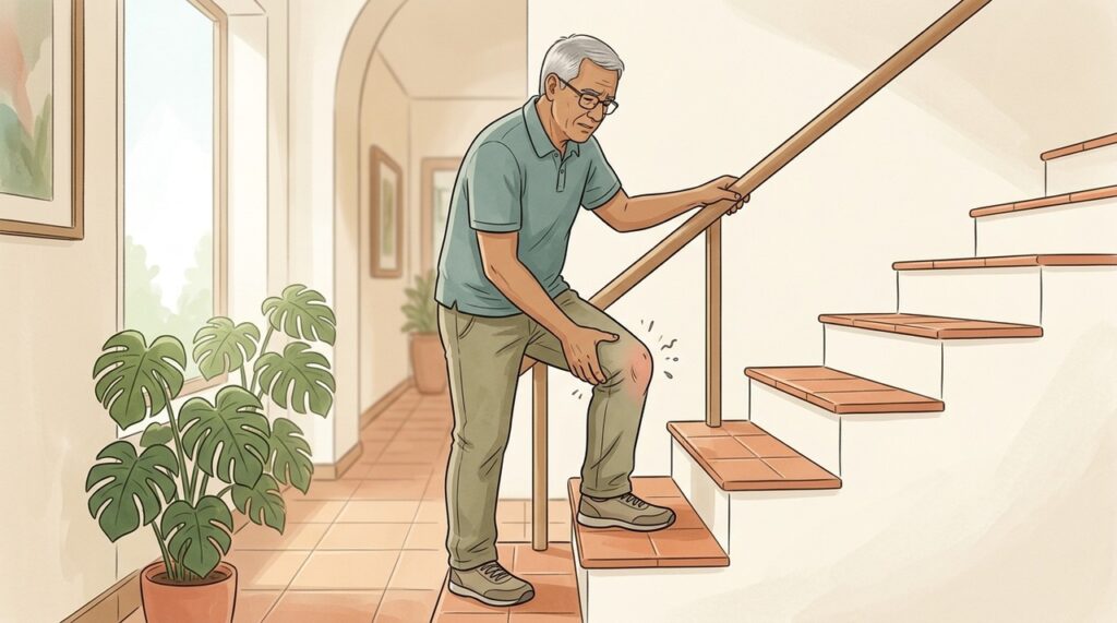 Dor ao subir escadas, estalos e rigidez podem acompanhar artrose no joelho.