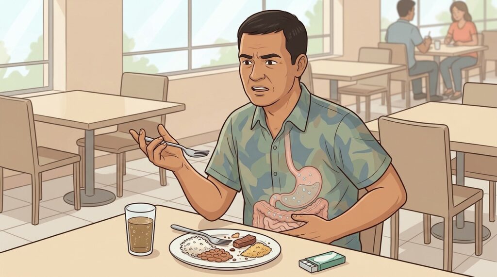 Comer depressa pode aumentar o ar engolido e favorecer distensão abdominal.
