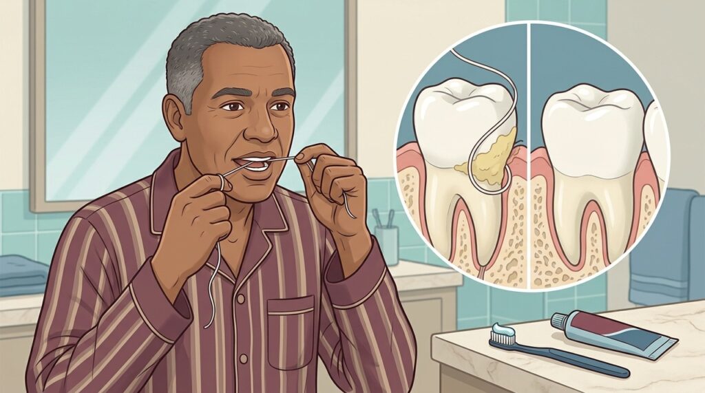 A sequência fio-escova ajuda a remover placa interdental antes da ação do creme dental fluoretado.