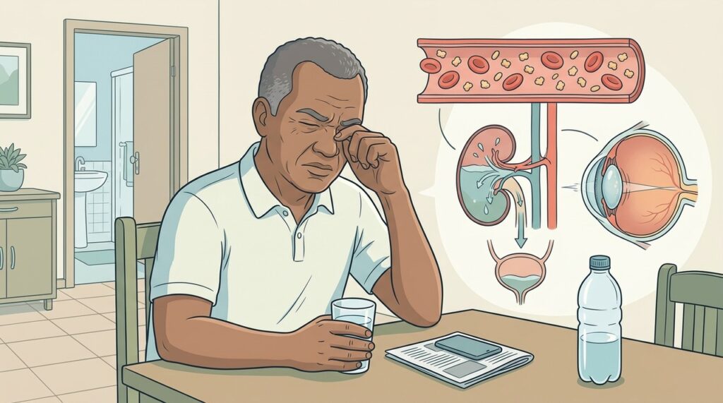 Hiperglicemia pode afetar hidratação, frequência urinária e foco visual ao mesmo tempo.