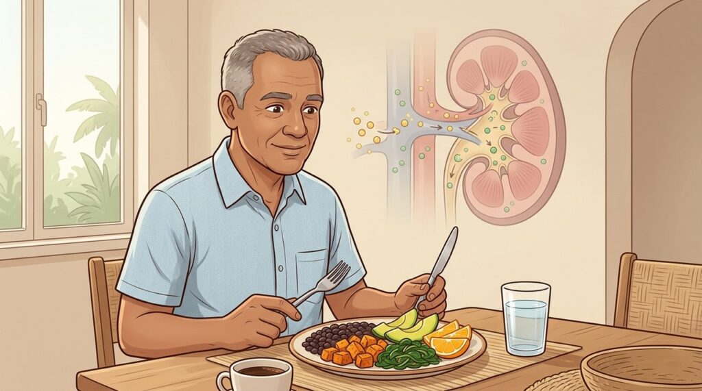 Feijão, verduras e frutas fornecem potássio que participa do equilíbrio do sódio.