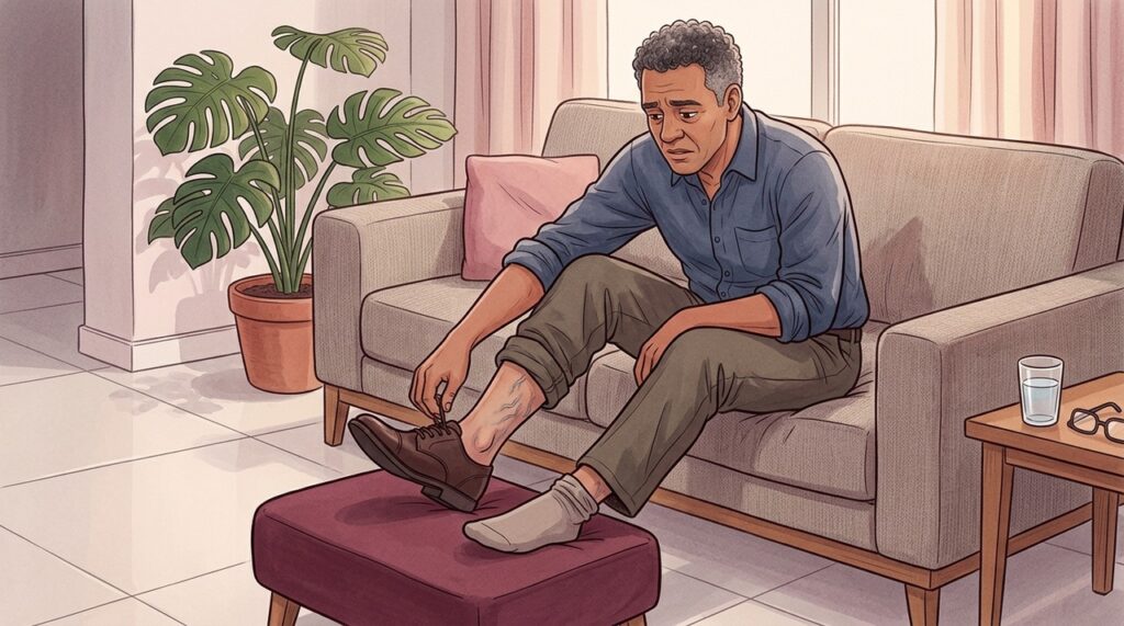 Pernas cansadas após horas em pé podem revelar um padrão típico de alteração venosa.