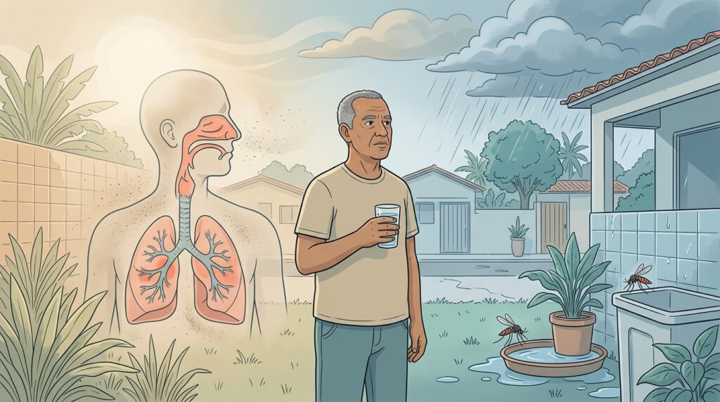 Mudanças de temperatura e chuva afetam vias respiratórias e criadouros de mosquitos.