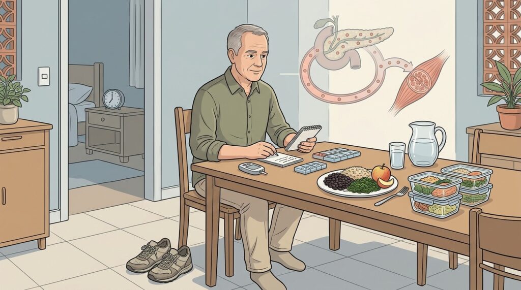 Fibras, movimento, hidratação, sono e monitoramento fortalecem o controle diário do diabetes.
