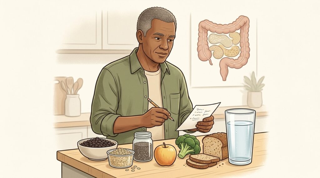 Aumentar fibras gradualmente e beber água reduz desconfortos e favorece o trânsito intestinal.