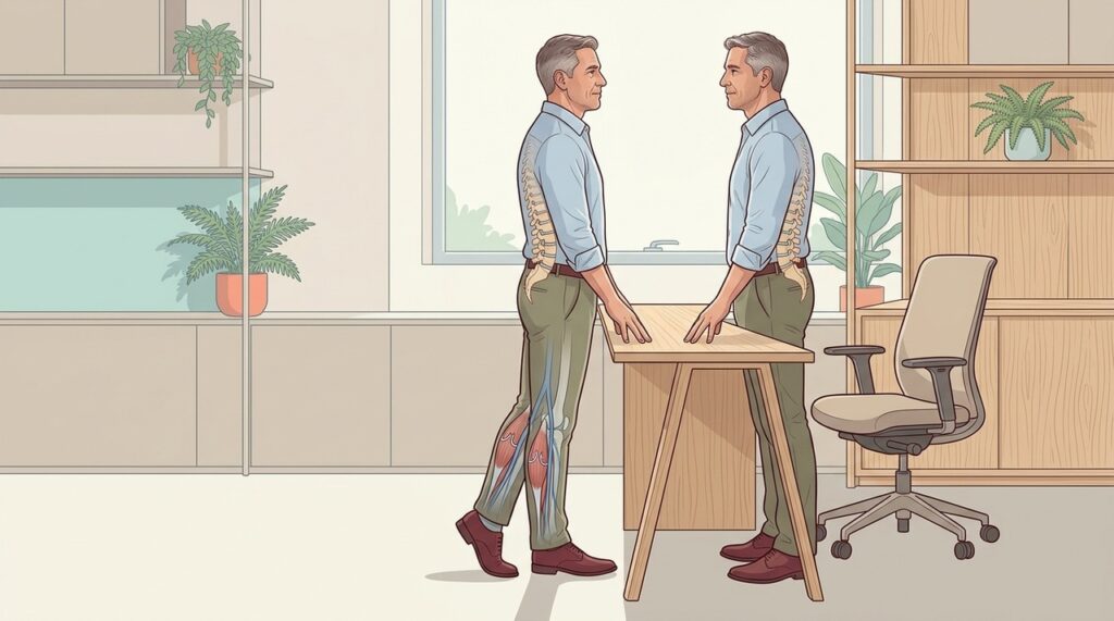 Movimento das panturrilhas e alternância postural ajudam o retorno venoso e a coluna.