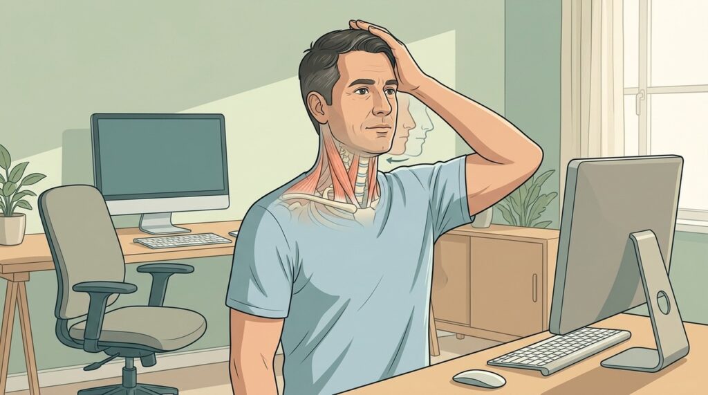 Retração cervical e isometrias treinam estabilidade sem exigir movimentos amplos do pescoço.