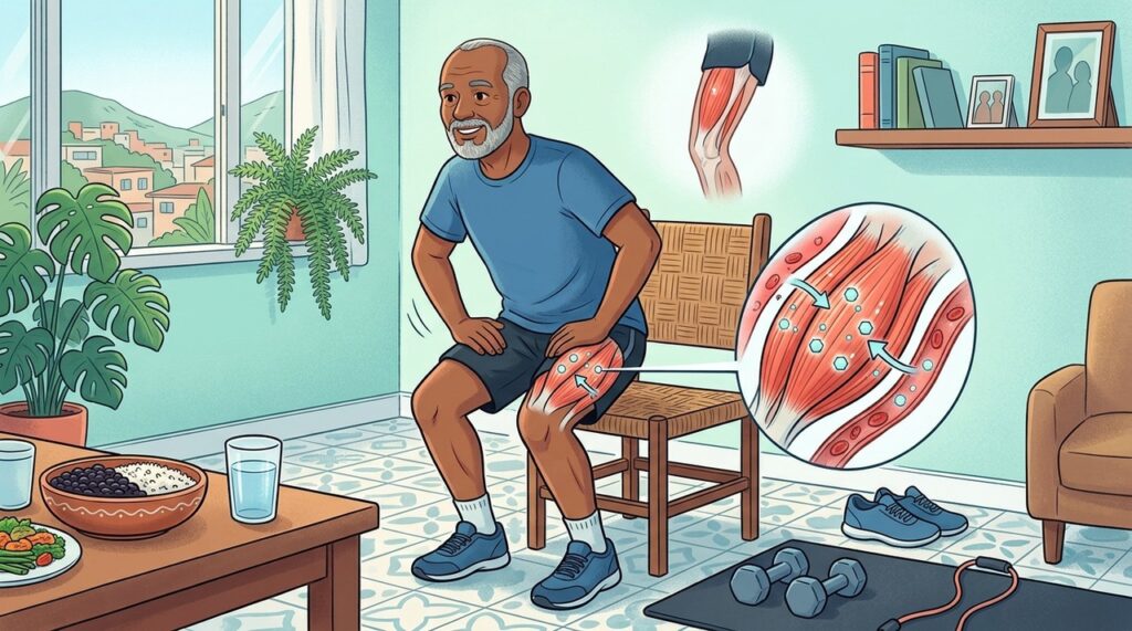 Exercícios de força, proteínas, movimento e fibras apoiam músculos e equilíbrio metabólico.