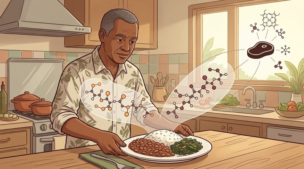 A dupla brasileira completa aminoácidos, embora carne e vegetais tenham micronutrientes diferentes.