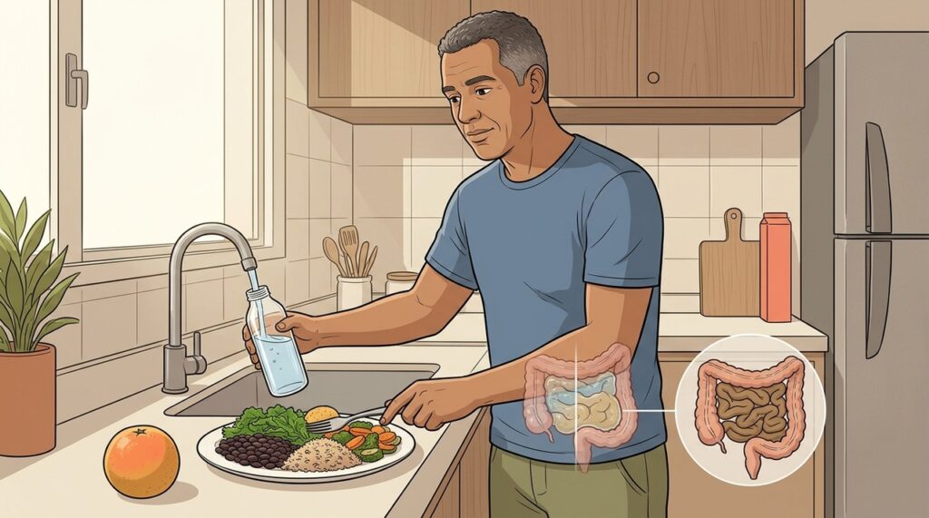 Aumentar fibras gradualmente e beber água reduz gases e desconforto intestinal.