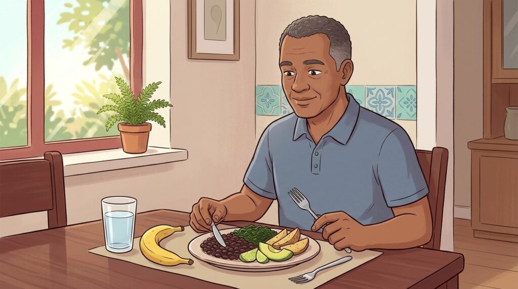 Alimentos ricos em potássio complementam a redução do sódio no controle da pressão.