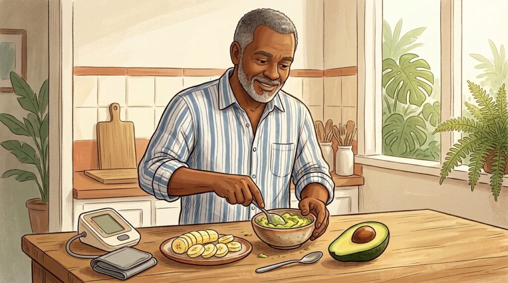 Banana e abacate contribuem com potássio, mas têm perfis nutricionais diferentes.