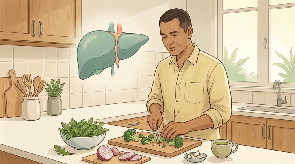 Crucíferas, alho, cúrcuma e chá verde apoiam naturalmente o metabolismo hepático.