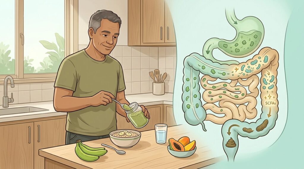 O amido resistente chega ao cólon e serve de substrato para a microbiota intestinal.