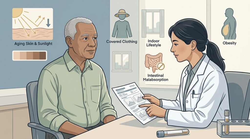 Idade, pele, rotina e saúde intestinal influenciam a produção de vitamina D.